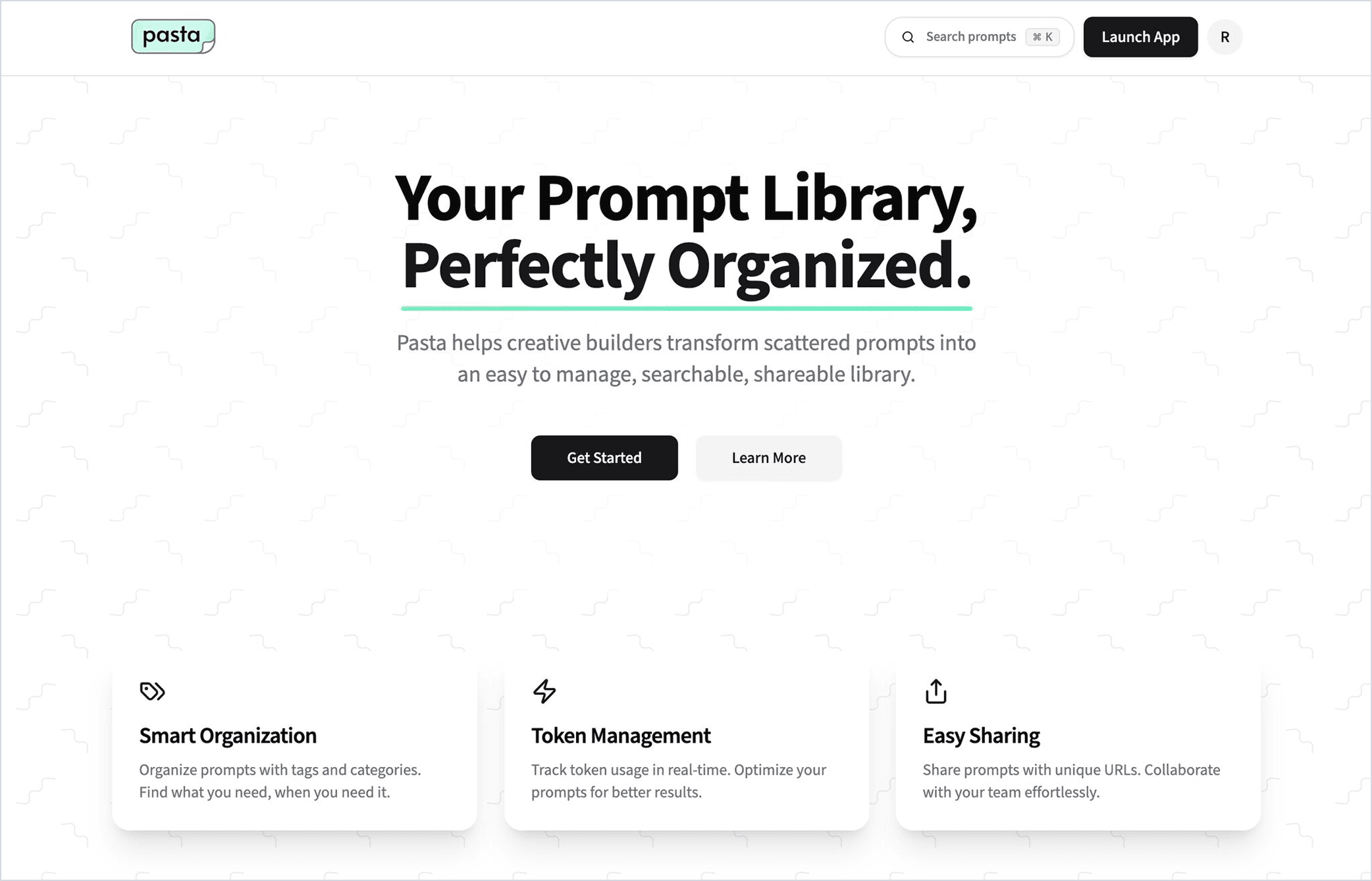 The first Pasta landing page: a light layout headed Your Prompt Library, Perfectly Organized, with two buttons and three feature cards for organization, token management and sharing.