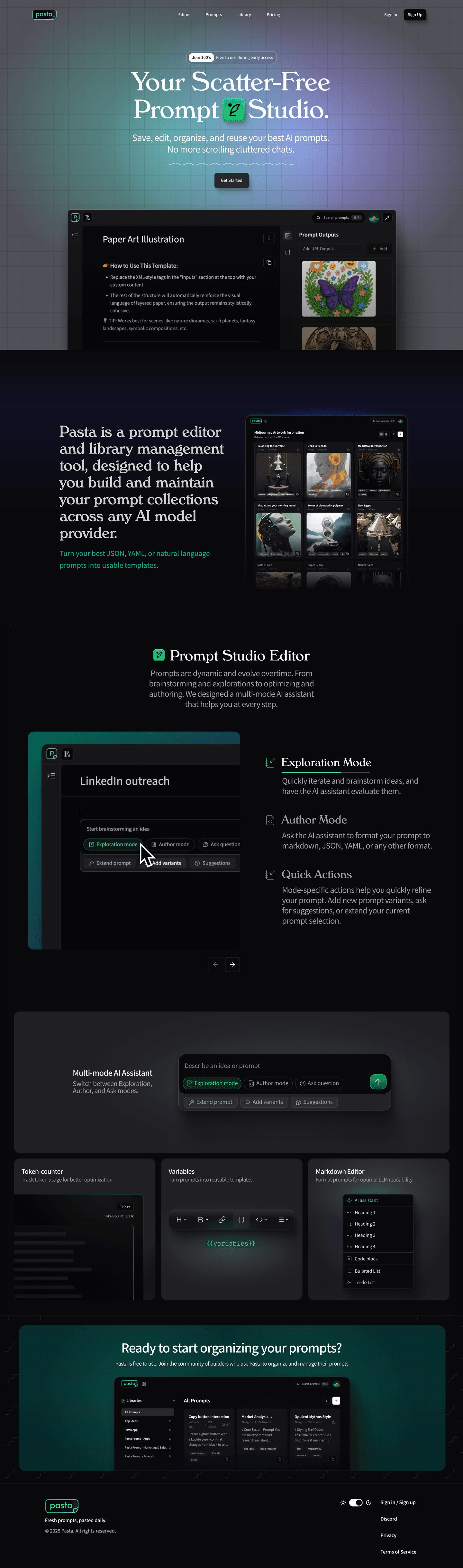 The final Pasta landing page: a dark, full-length marketing site headed Your Scatter-Free Prompt Studio, running through the editor, the multi-mode assistant, the token counter, variables and the markdown editor before closing on a sign-up section.